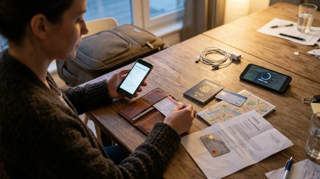 Solo female traveler reviewing emergency contacts, offline maps, insurance, and passport before departure