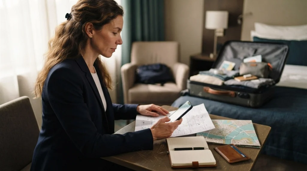 Solo female traveler preparing reservation details, transport plans, and backup accommodation information.