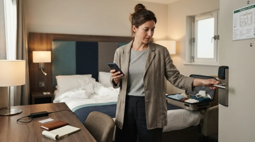 Solo female traveler checking hotel security and organizing essentials before settling in.