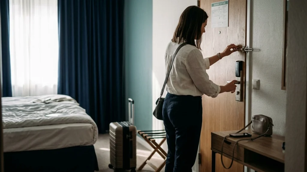 Solo female traveler checking hotel door locks and safety features shortly after checking into her room.