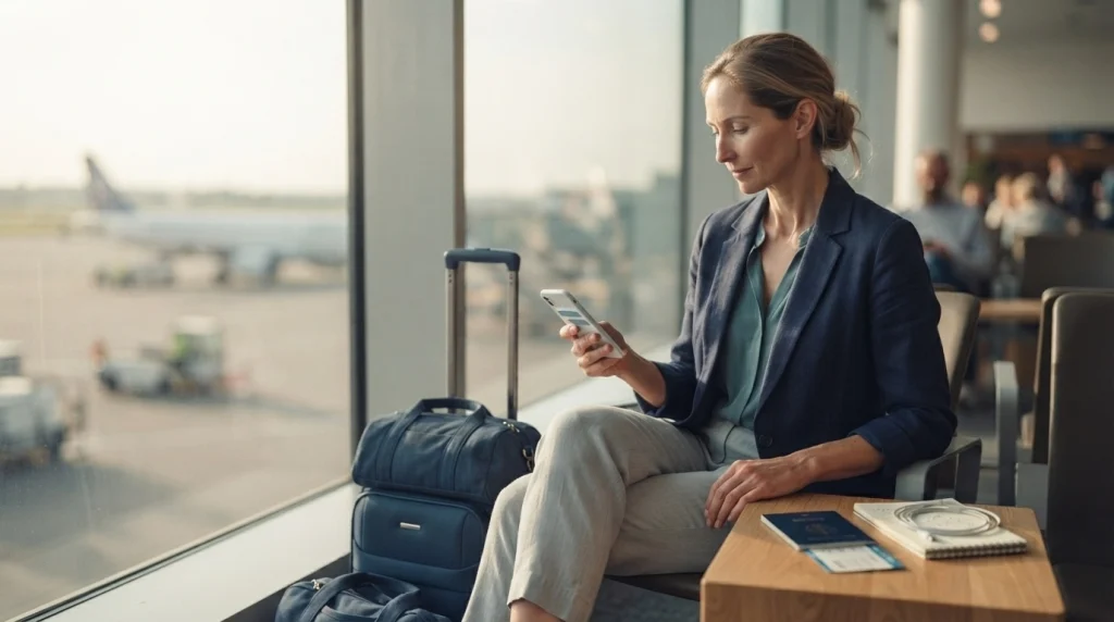 Solo female traveler saving airport transfer details and backup transport information on her phone before departure.
