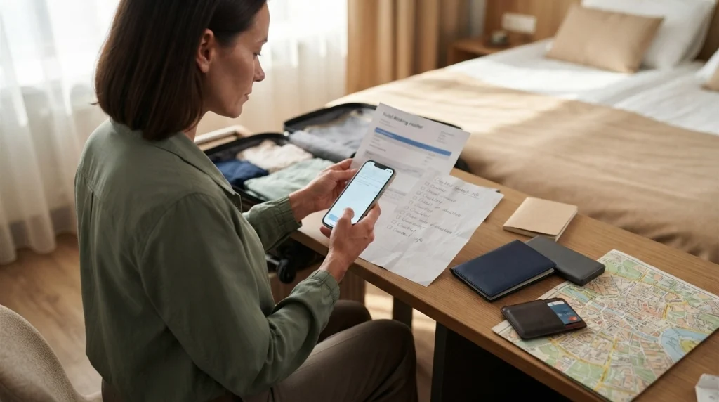 Solo female traveler organizing hotel booking documents, phone, payment card, and travel essentials.