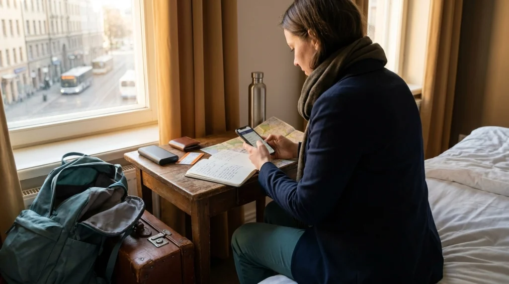 Solo female traveler checking a bus timetable and organizing backup travel essentials before a day trip.