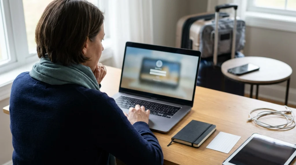 Woman testing account recovery on a laptop while her phone sits separately before solo travel.