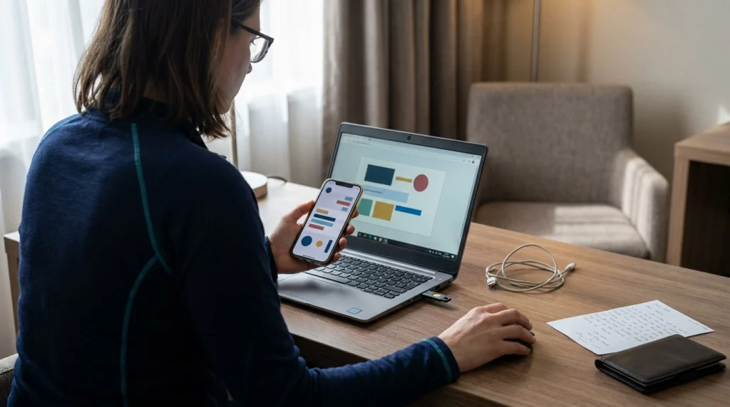 Solo female traveler setting up passwords, authentication, and account recovery before a trip