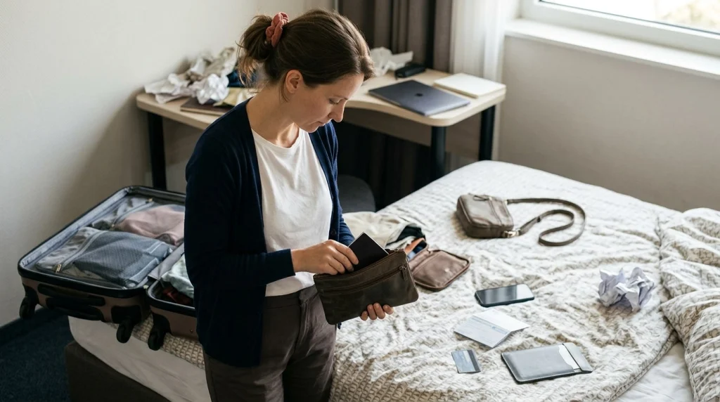 Woman protecting travel insurance information by separating passport, backup card, phone, and emergency documents.