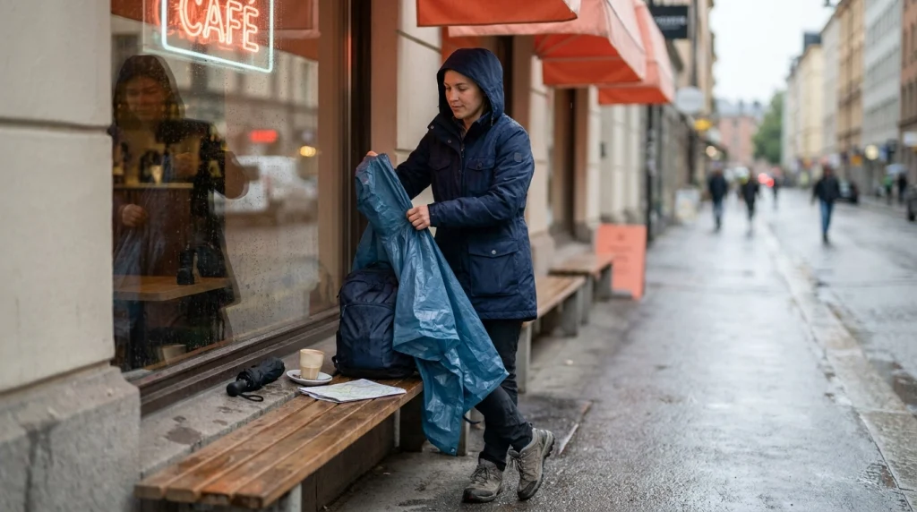 Solo female traveler comparing a waterproof jacket, poncho and compact umbrella