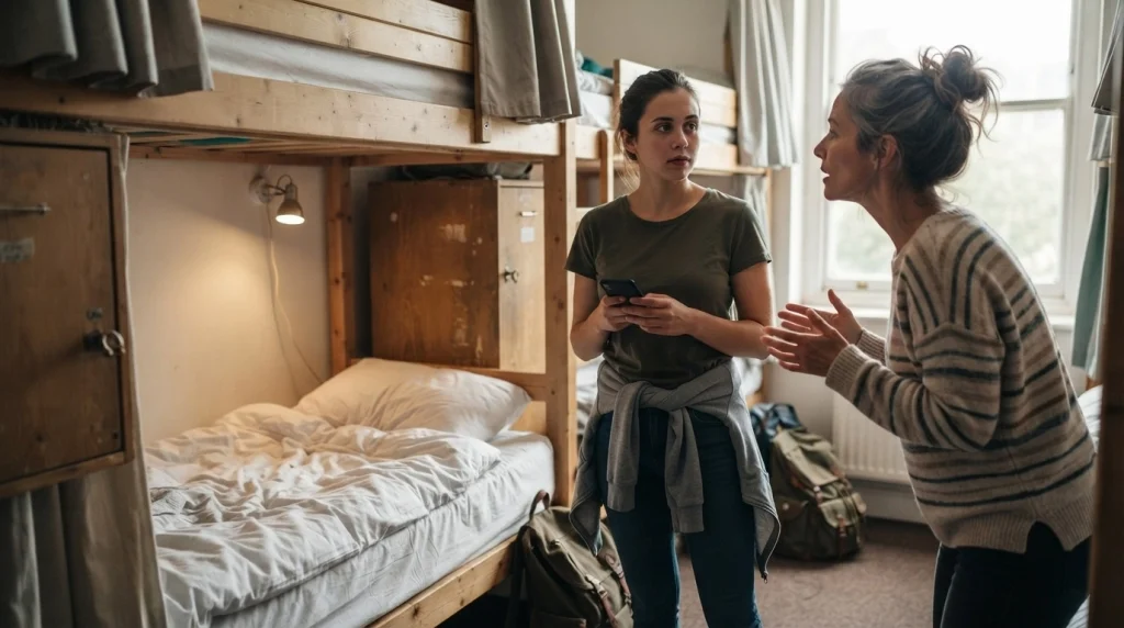 Solo female traveler keeping distance from an uncomfortable roommate in a shared hostel dorm.