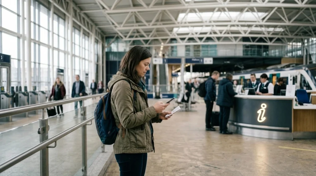 Solo female traveler checks her route near a transit information counter after taking the wrong exit.