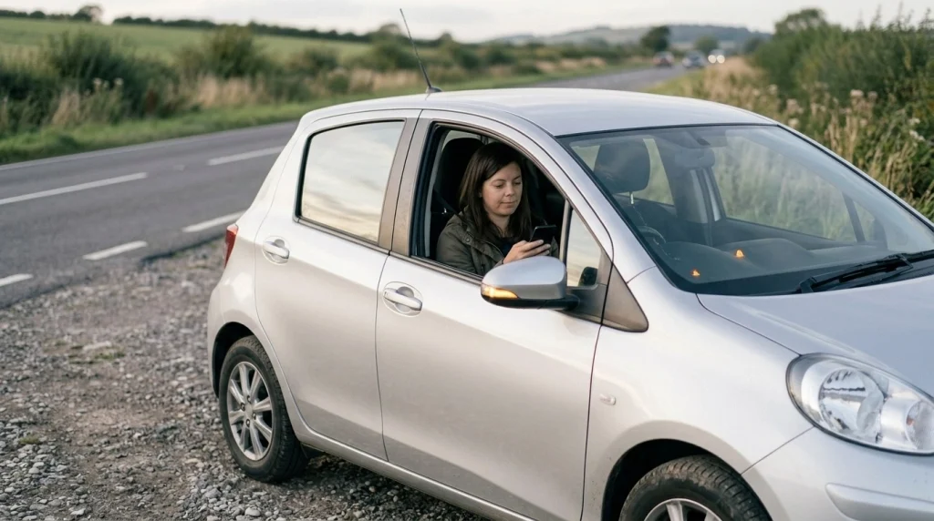 Solo female traveler checking her dashboard and phone after safely stopping a broken-down rental car.