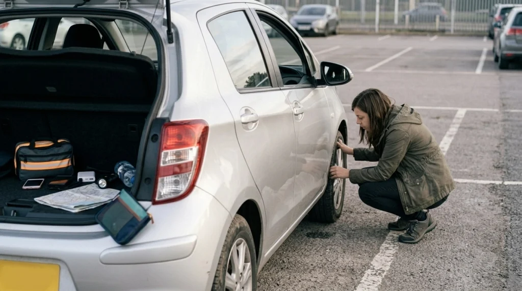 Solo female traveler inspecting a rental car tire beside a roadside emergency kit before a road trip.