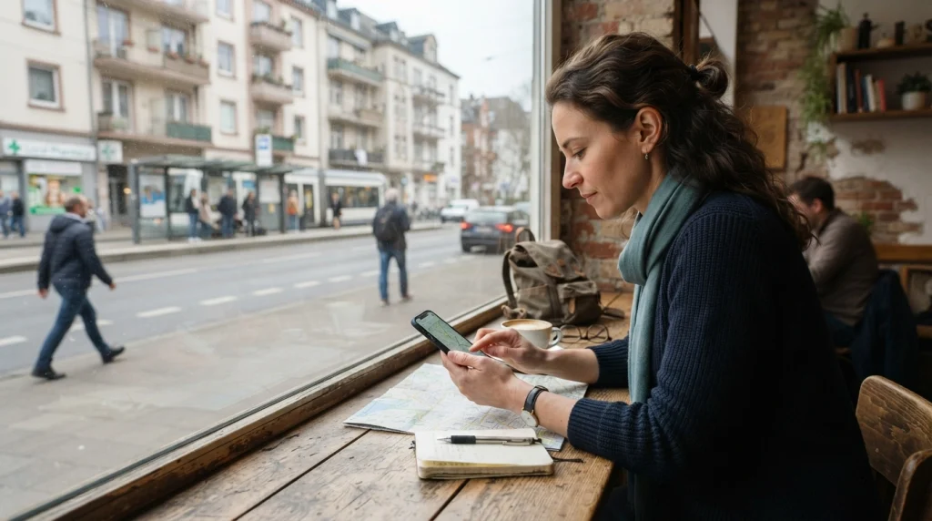 Solo woman traveler checking neighborhood streets, transit stops, and nearby services before booking an Airbnb.