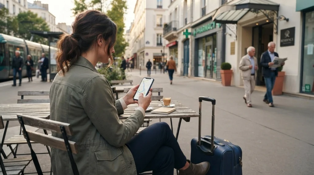 Solo female traveler checking a hotel location and nearby transport on her phone.