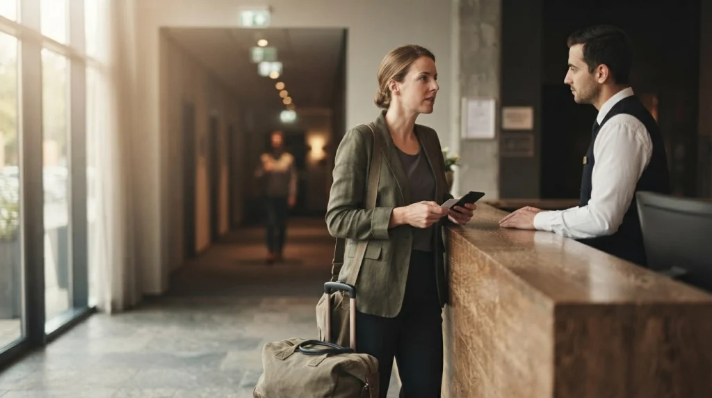 Solo female traveler asks hotel reception for help after an unsettling encounter near the corridor.