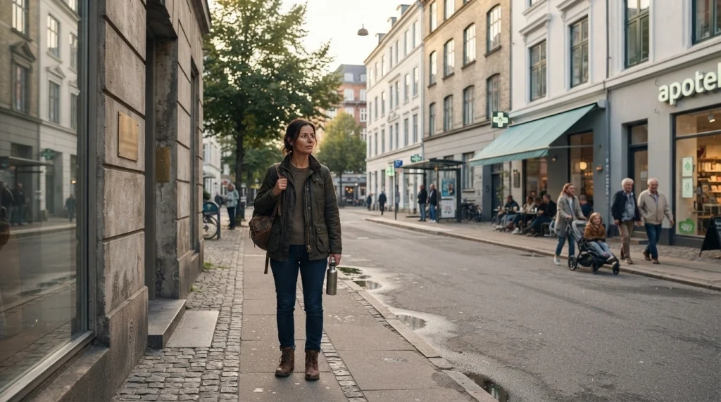 Solo female traveler assessing a hotel entrance, pedestrian street, nearby shops, and public transport.