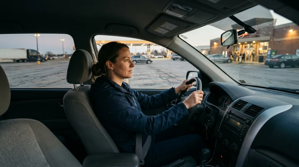Solo female traveler checking parking visibility, lighting, nearby activity, and exit access.