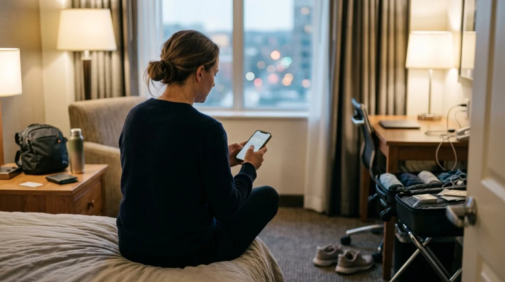 Solo female traveler reviewing offline arrival plans in a hotel after a tiring long-haul flight.