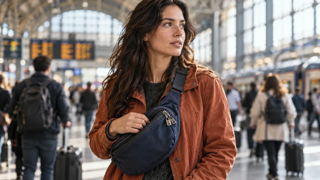 Close-up of a woman's hands over the zipper of a front-worn crossbody bag in a crowded station.
