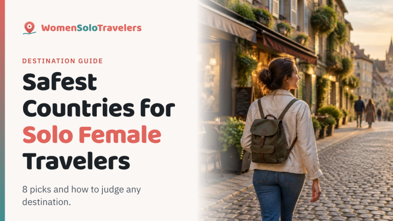 Safest countries for solo female travelers guide cover with a woman walking in a European old town