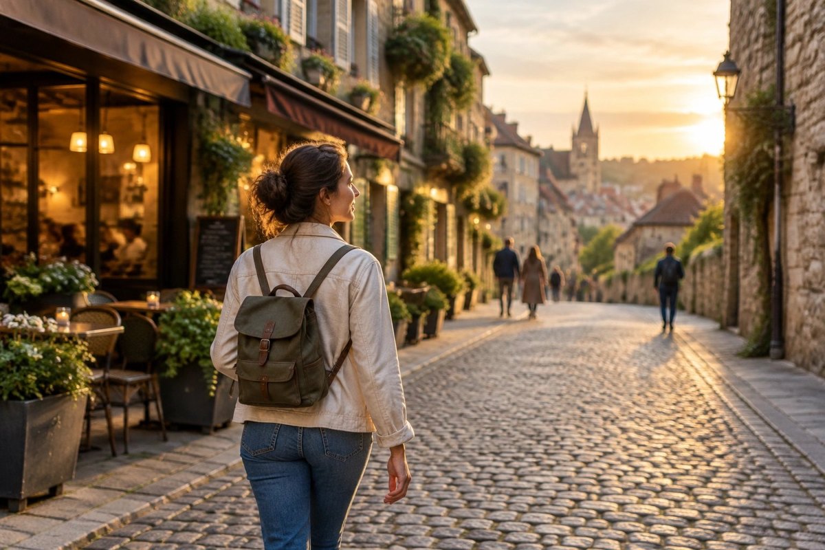 Woman with a small backpack walking alone down a quiet cobblestone street in a European old town at golden hour