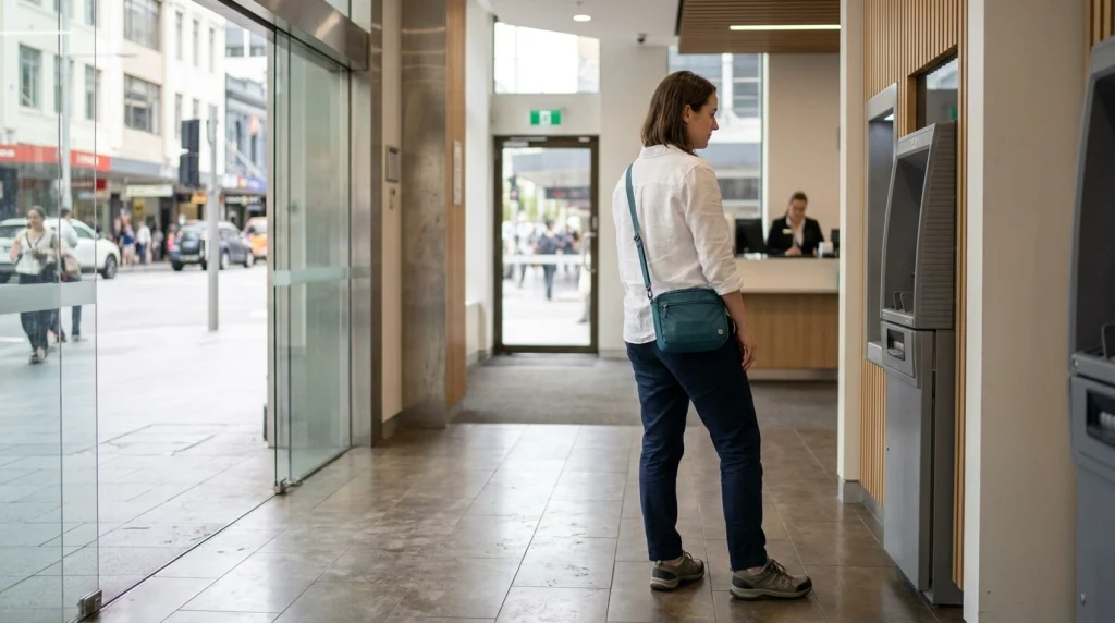 Solo female traveler choosing a well-lit indoor bank ATM with staff nearby and a clear exit.