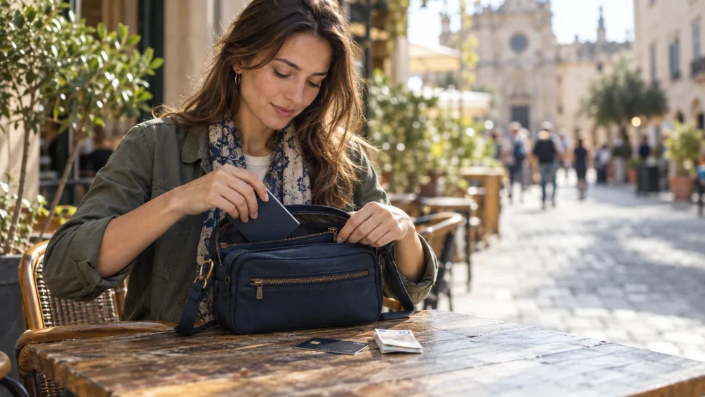 Woman sorting a single credit card and money into a front crossbody bag.