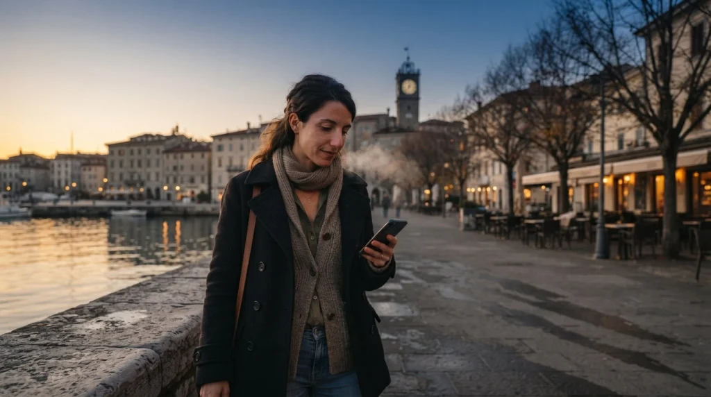 Solo woman adjusting travel plans for shorter seasonal daylight at a high-latitude destination