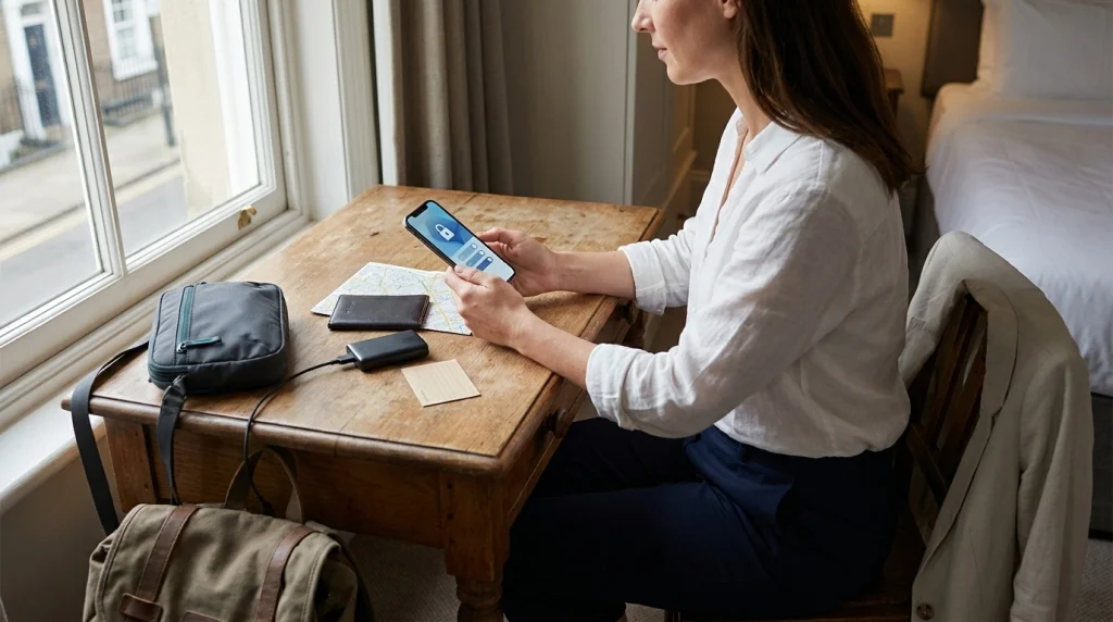 Solo female traveler adjusting smartphone security settings beside travel documents in a hotel room.