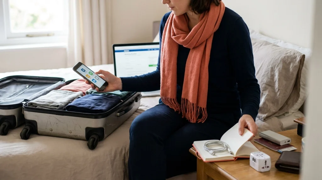 Solo traveler testing offline apps, charging gear, and emergency details before departure.