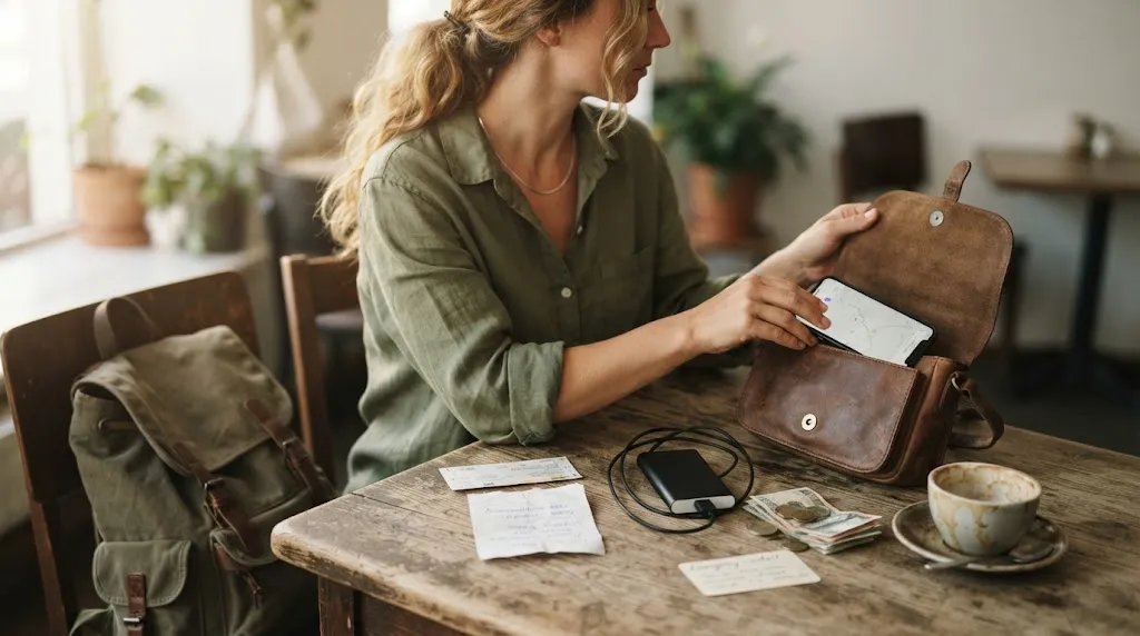 Solo traveler preparing offline maps, power bank, address and cash for no phone service
