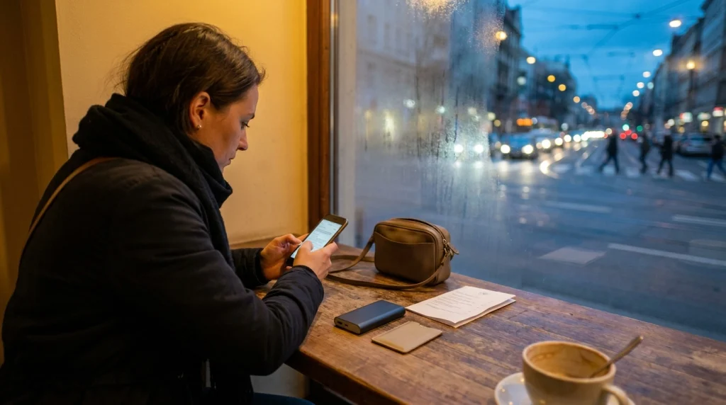 Solo traveler checks her phone, battery, and return plan before leaving an evening café