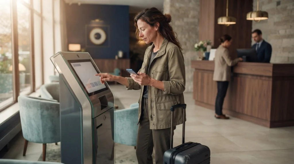 Solo female traveler using a hotel self-service check-in kiosk with staffed reception visible nearby.