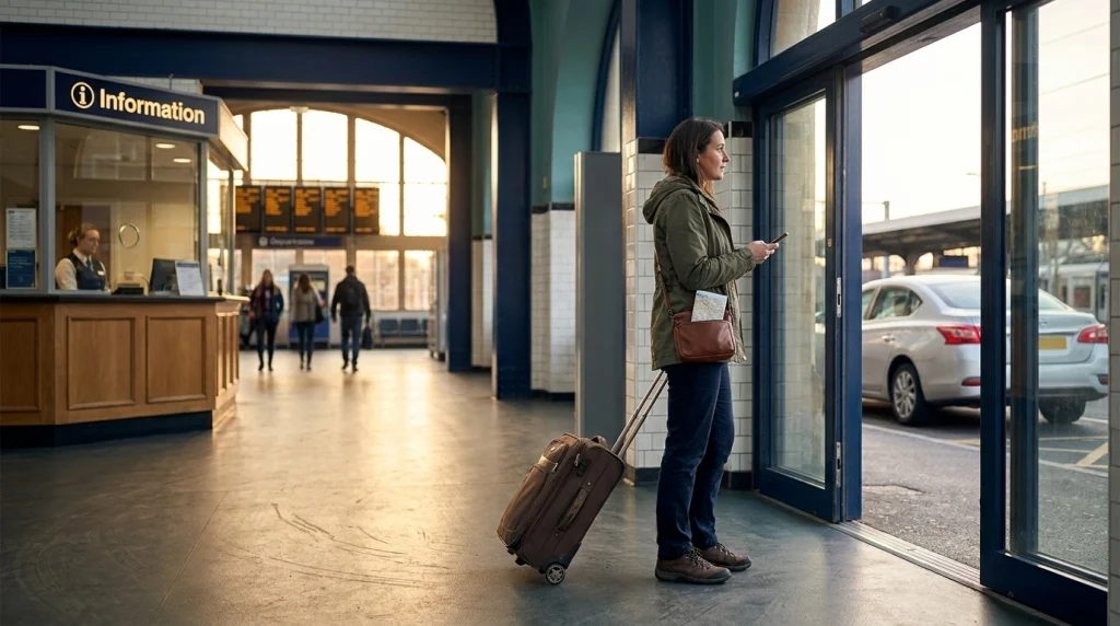 Solo female traveler checking her booked ride and luggage after arriving at a railway station.