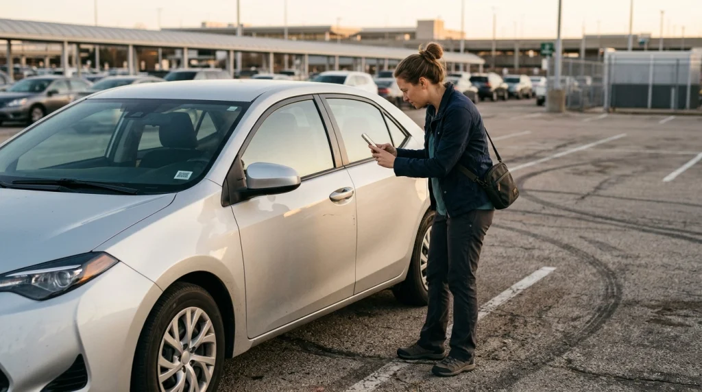 Solo female traveler photographing a scratch while inspecting a rental car at pickup.