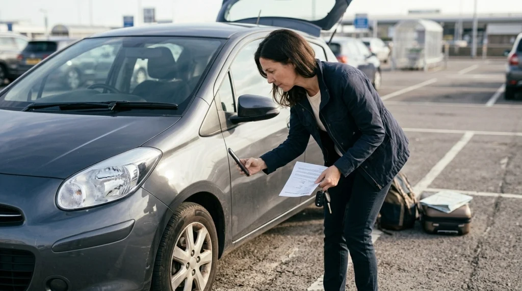 Solo female traveler photographing a rental car scratch beside her luggage before departure.