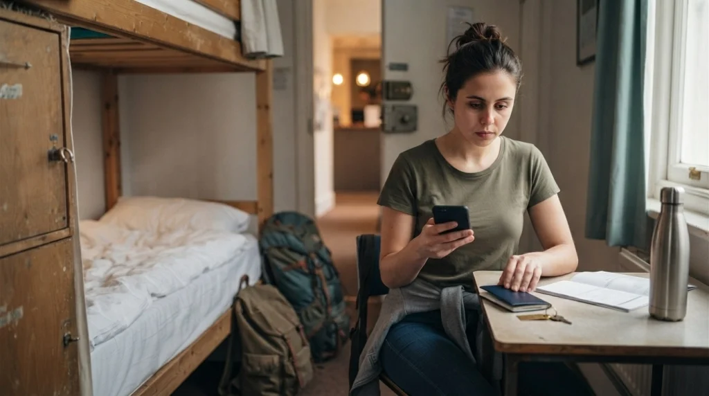 Woman solo traveler checking accommodation details and organizing essential belongings before her next hostel stay.