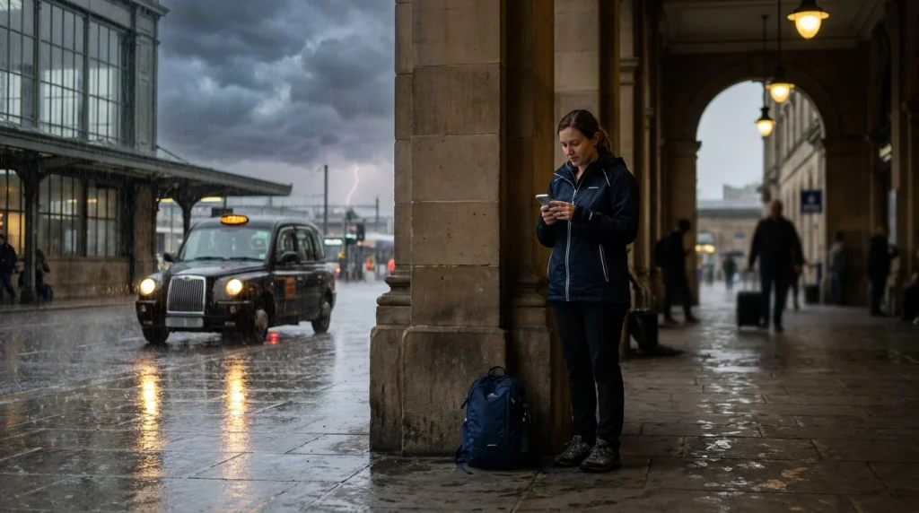 Solo female traveler checking weather safely inside a station during a heavy rainstorm