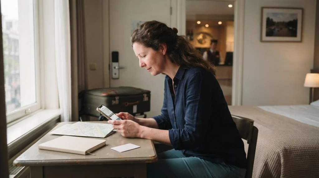 Solo female traveler checking hotel access, booking details, and transport plans before confirming her stay.