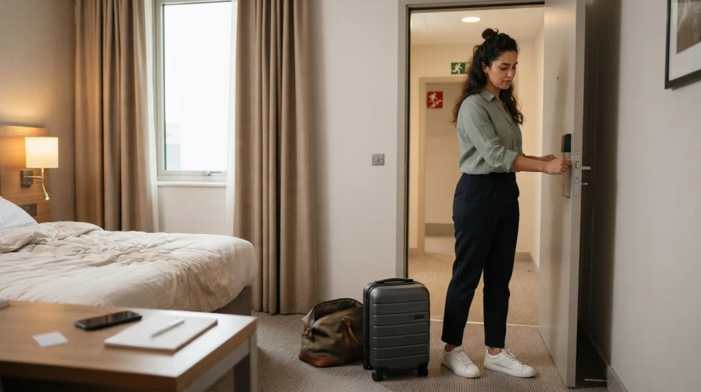 Solo female traveler testing her hotel door lock after arriving in her room.