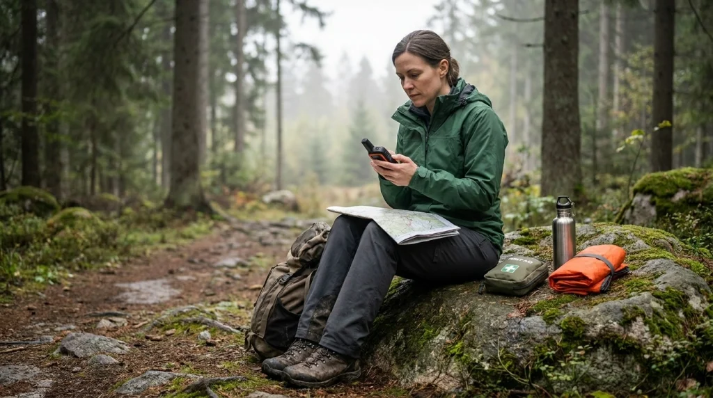 Solo female hiker checking a satellite communicator and map beside emergency supplies on a forest trail.