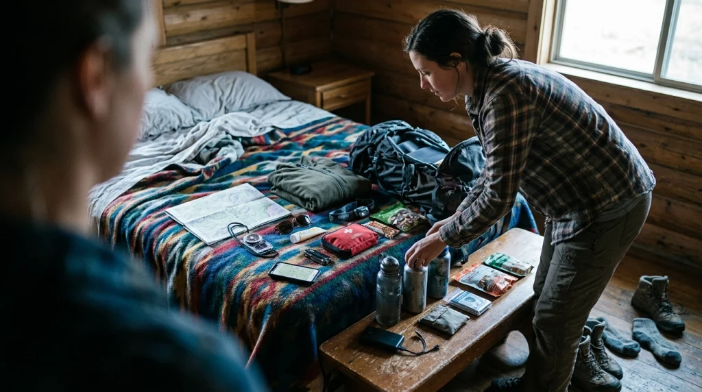 Woman packing Ten Essentials and personal safety gear for a solo national park visit.