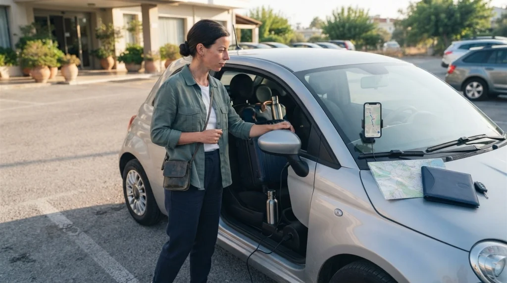 Solo female traveler checking a rental car, luggage, and navigation before a road trip abroad.