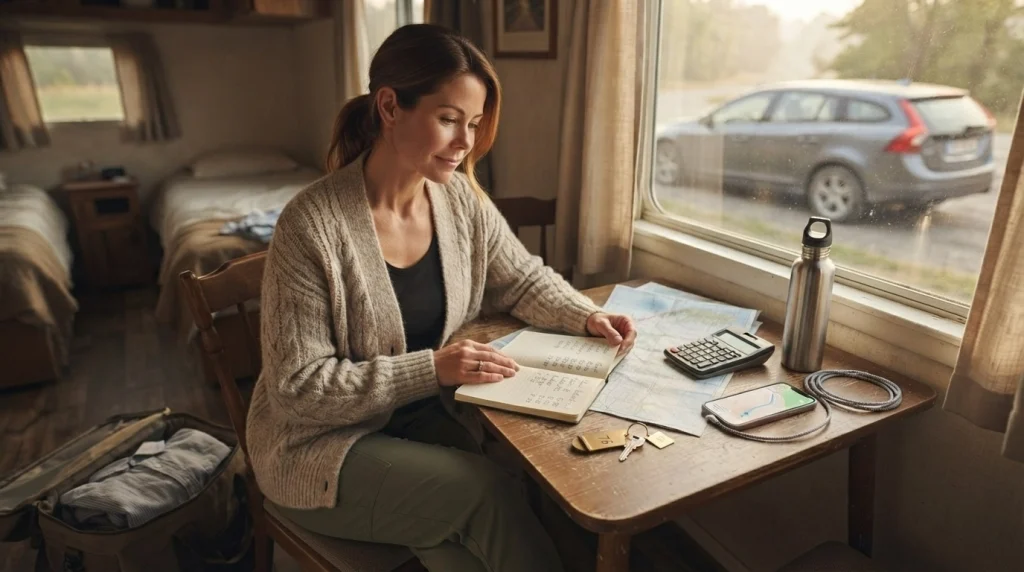 Solo female traveler reviewing her road trip budget and accommodation expenses in a guesthouse.