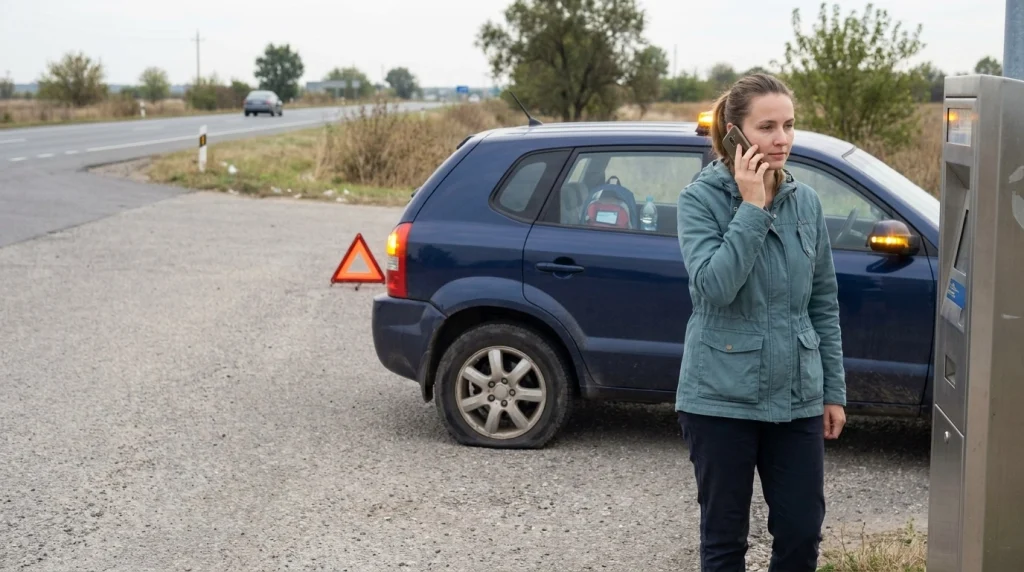 Solo female traveler calling roadside assistance after parking her SUV safely in an emergency turnout.