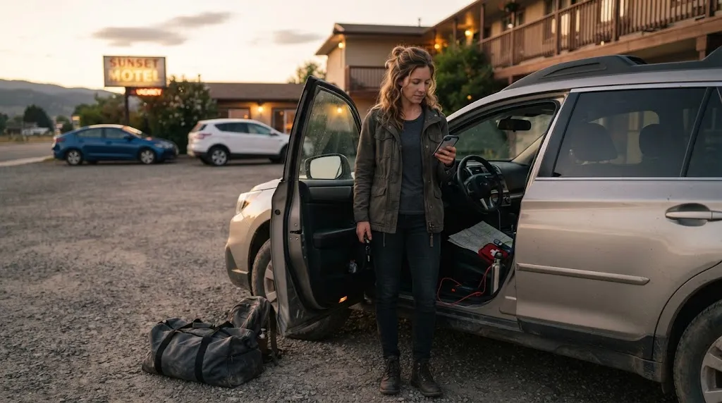 Solo woman checking offline maps, emergency gear, and her car before continuing a road trip.