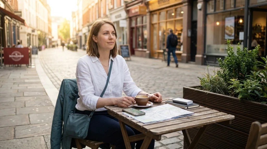 Solo female traveler relaxing at an outdoor café after checking navigation and daily travel safety essentials.