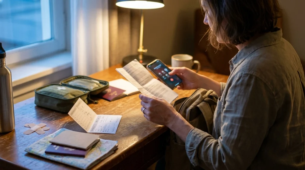 Solo female traveler preparing emergency contacts, insurance details and medical information beside a first aid kit