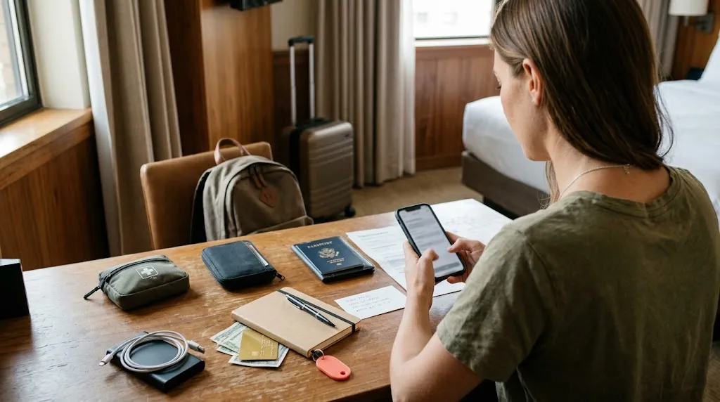 Solo traveler organizing contacts, medical supplies, money, documents, phone, and backup transport plans