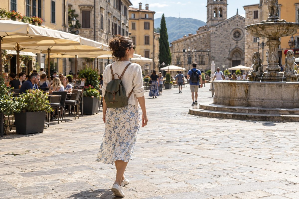 Woman with a backpack walking alone through a European old town square with cafes in warm evening light