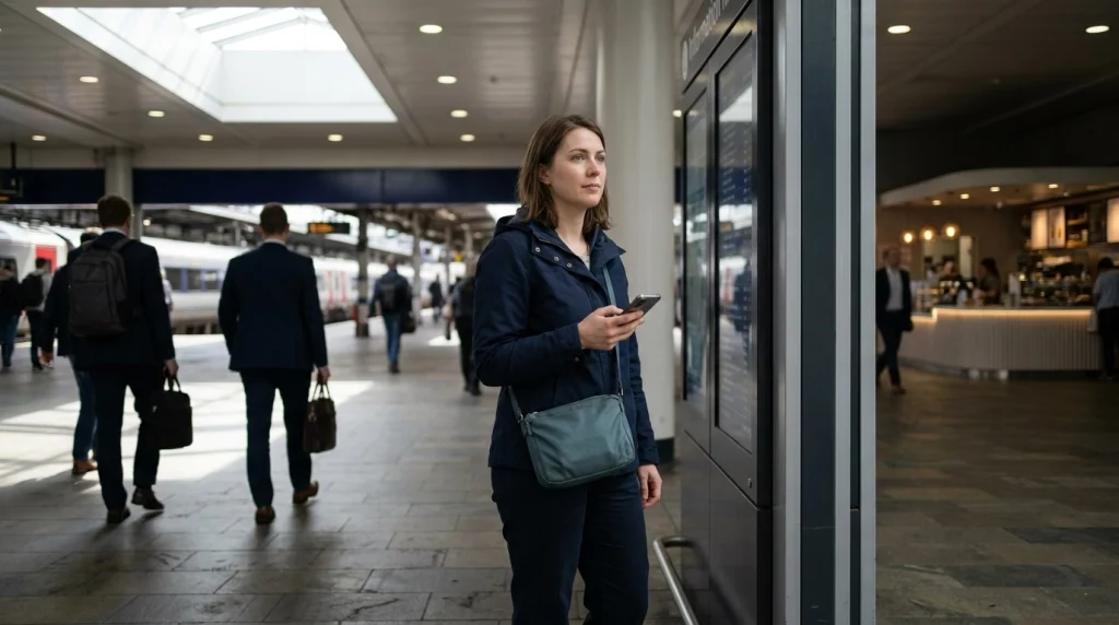 Solo woman calmly assessing her surroundings in a train station to distinguish intuition from travel anxiety.